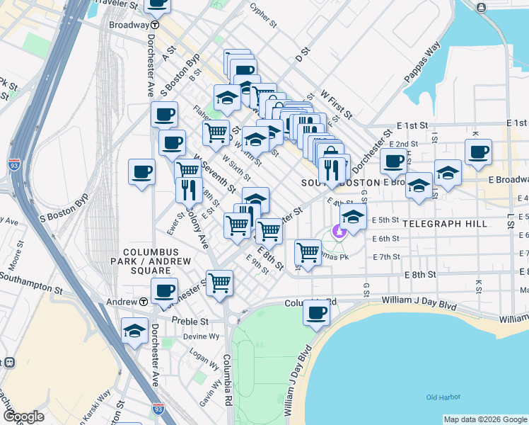 map of restaurants, bars, coffee shops, grocery stores, and more near 52 F Street in Boston