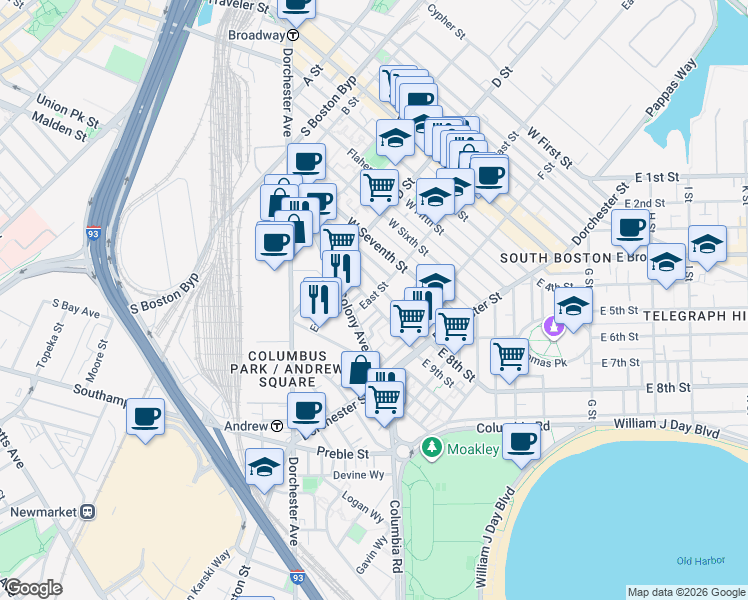 map of restaurants, bars, coffee shops, grocery stores, and more near 188 E Street in Boston