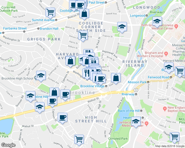 map of restaurants, bars, coffee shops, grocery stores, and more near 32 Harvard Street in Brookline