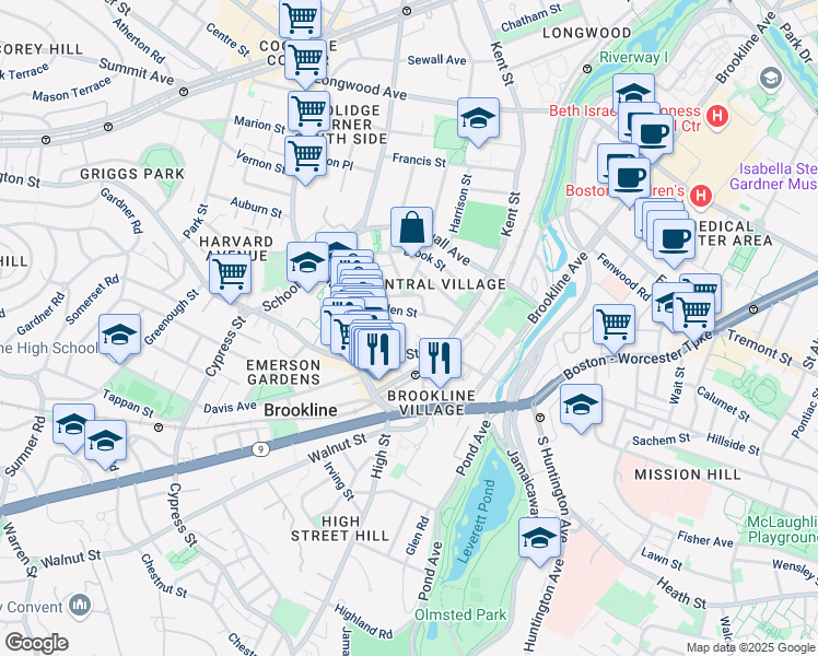 map of restaurants, bars, coffee shops, grocery stores, and more near 45 Linden Street in Brookline