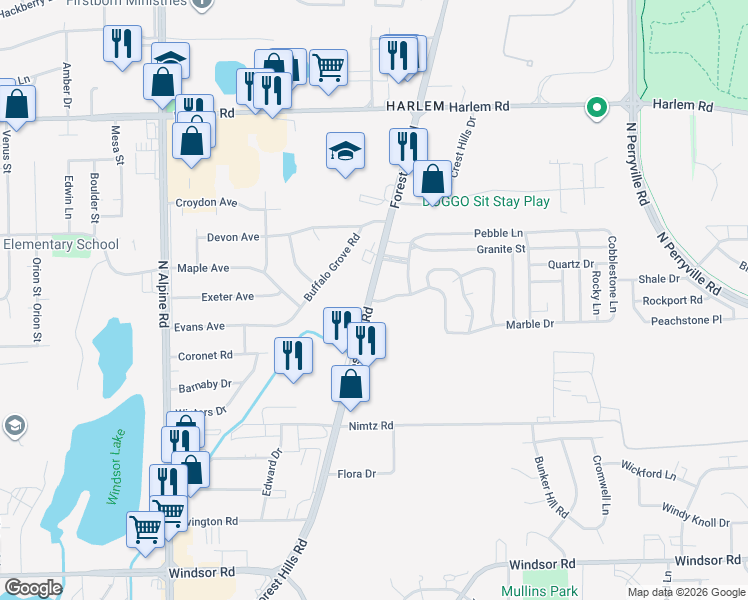 map of restaurants, bars, coffee shops, grocery stores, and more near 7927 Forest Hills Road in Loves Park