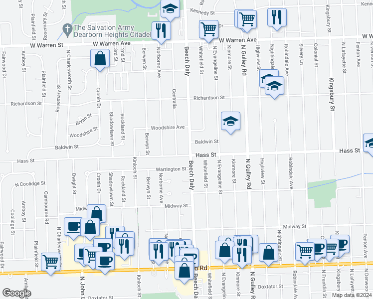map of restaurants, bars, coffee shops, grocery stores, and more near 6423 Beech-Daly Road in Dearborn Heights