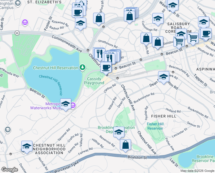 map of restaurants, bars, coffee shops, grocery stores, and more near 397 Chestnut Hill Avenue in Boston