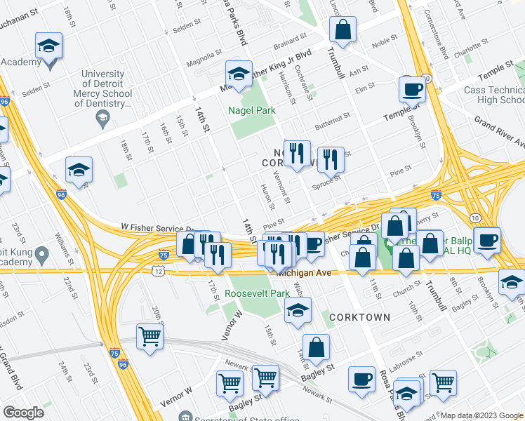 map of restaurants, bars, coffee shops, grocery stores, and more near 2653 Wabash Street in Detroit