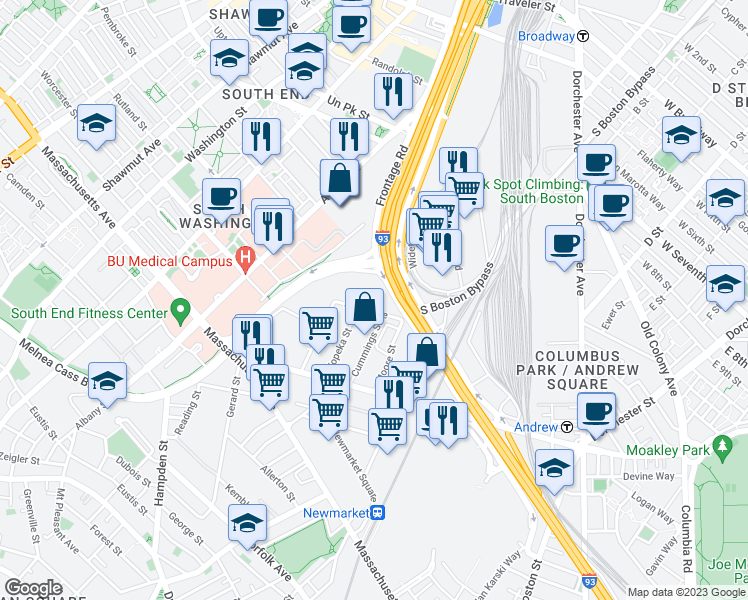 map of restaurants, bars, coffee shops, grocery stores, and more near 70 South Bay Avenue in Boston