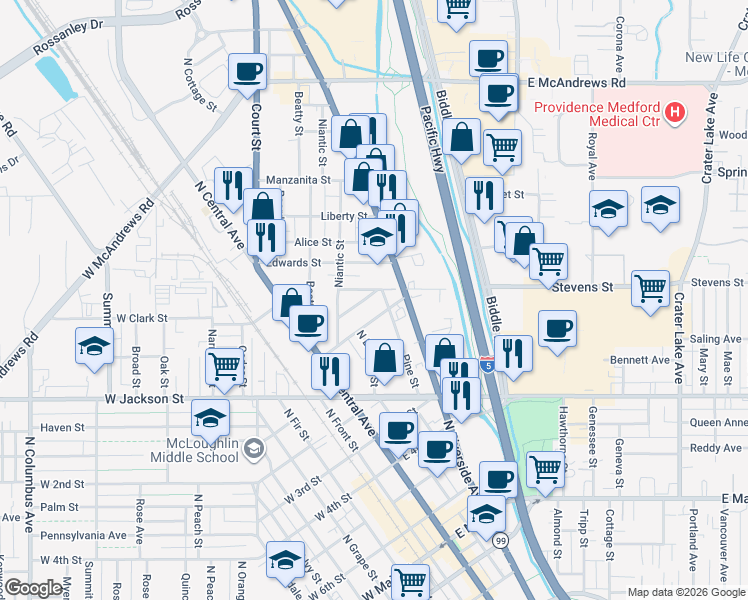 map of restaurants, bars, coffee shops, grocery stores, and more near 531 Austin Street in Medford