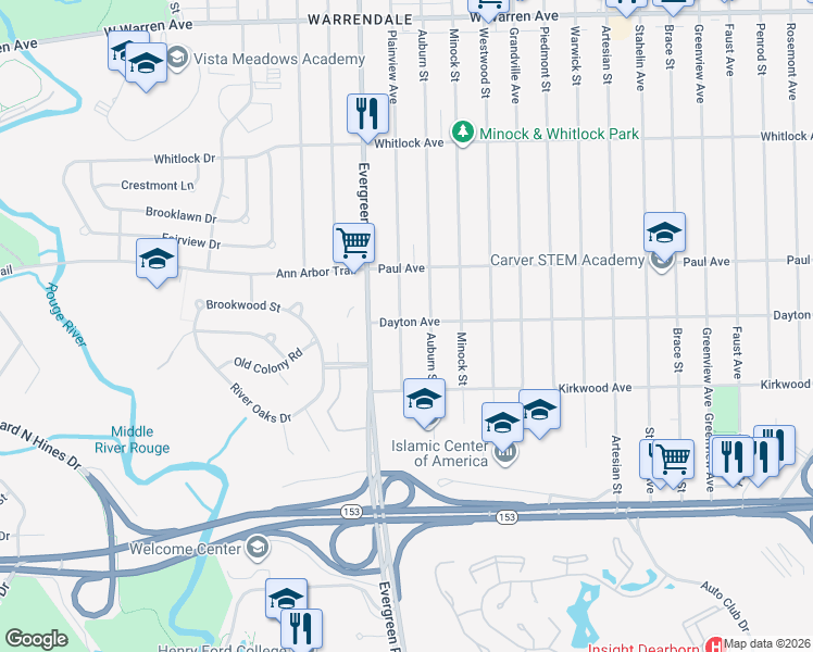 map of restaurants, bars, coffee shops, grocery stores, and more near 6130 Plainview Avenue in Detroit