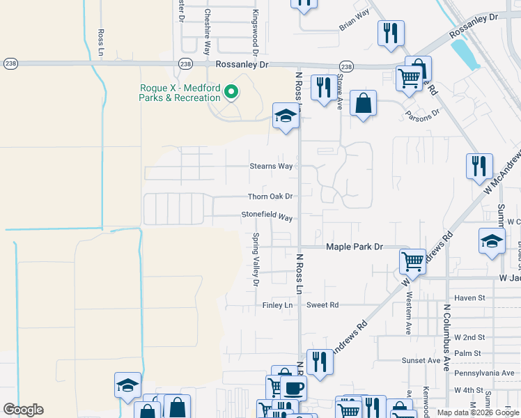 map of restaurants, bars, coffee shops, grocery stores, and more near 2391 Thorn Oak Drive in Medford