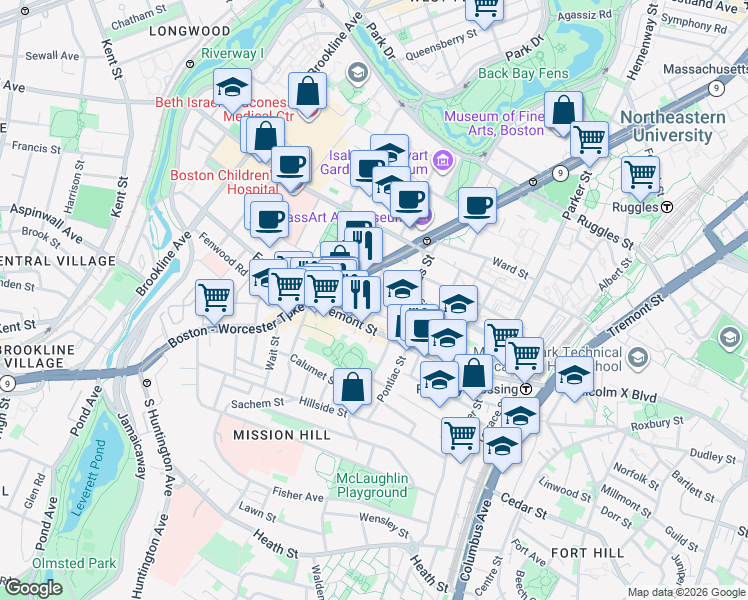 map of restaurants, bars, coffee shops, grocery stores, and more near 31 Worthington Street in Boston