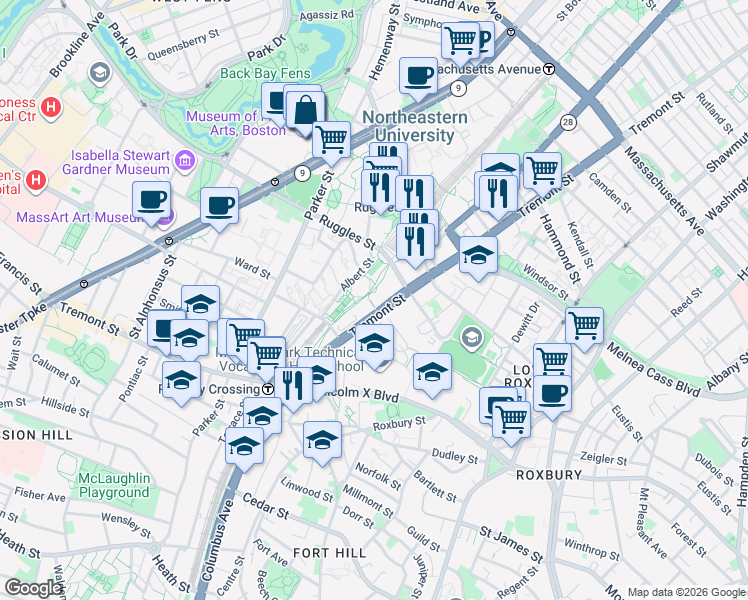 map of restaurants, bars, coffee shops, grocery stores, and more near 1 Schroeder Plaza in Boston