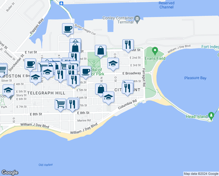 map of restaurants, bars, coffee shops, grocery stores, and more near 107 O Street in Boston