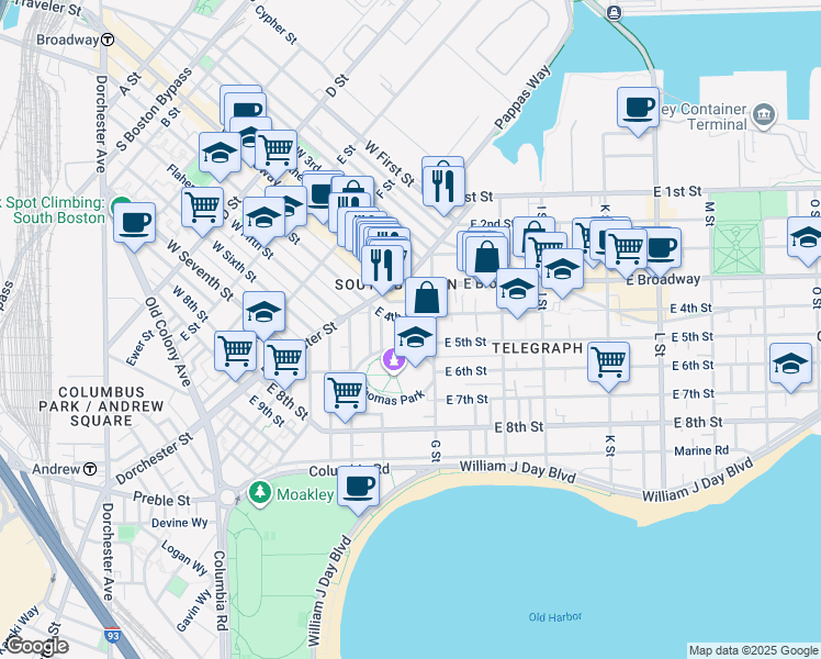 map of restaurants, bars, coffee shops, grocery stores, and more near 43 G Street in Boston