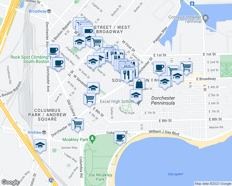 map of restaurants, bars, coffee shops, grocery stores, and more near in Boston