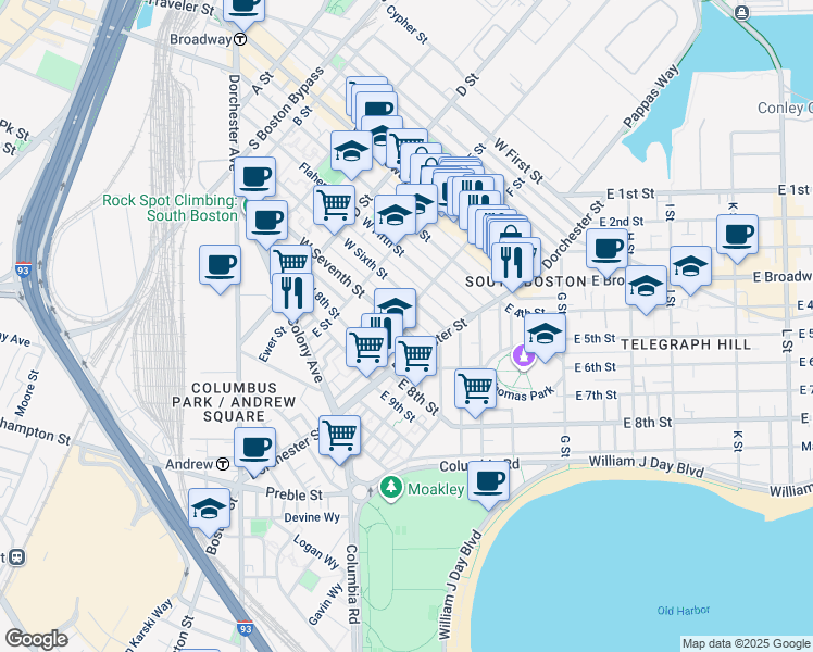 map of restaurants, bars, coffee shops, grocery stores, and more near 52 F Street in Boston