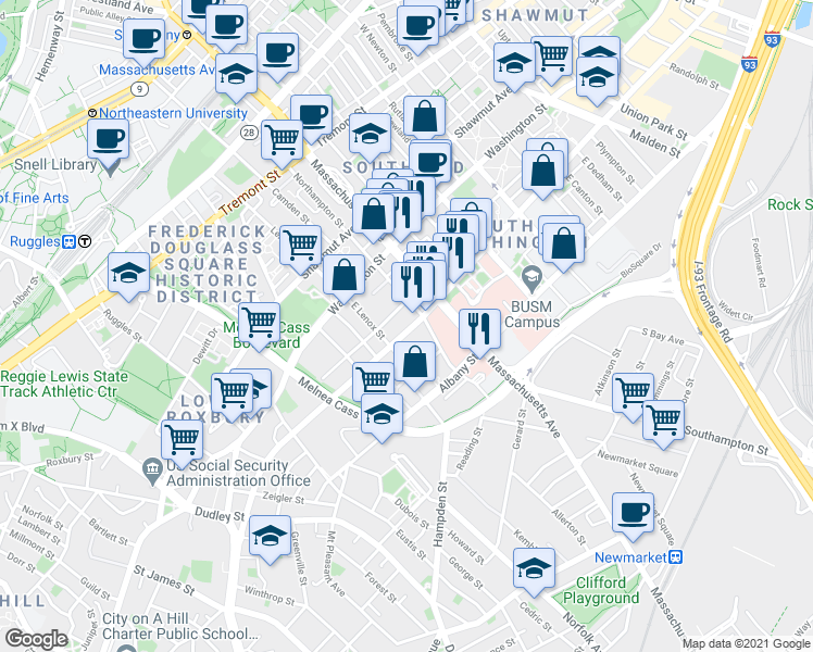 map of restaurants, bars, coffee shops, grocery stores, and more near 62-64 Northampton Street in Boston