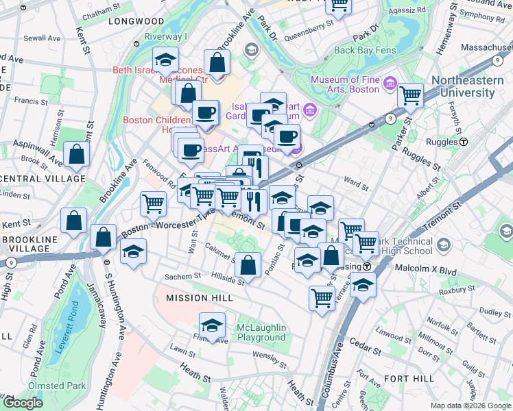 map of restaurants, bars, coffee shops, grocery stores, and more near in Boston
