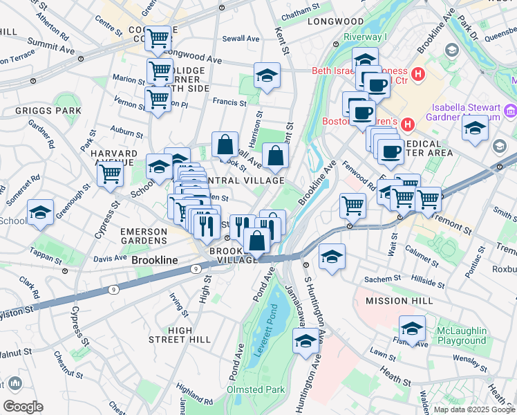 map of restaurants, bars, coffee shops, grocery stores, and more near 96 Kent Street in Brookline