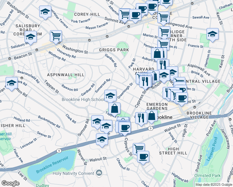 map of restaurants, bars, coffee shops, grocery stores, and more near 66 Stanton Road in Brookline