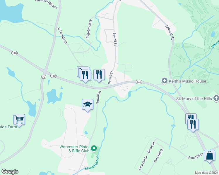 map of restaurants, bars, coffee shops, grocery stores, and more near 105 Shrewsbury Street in Boylston