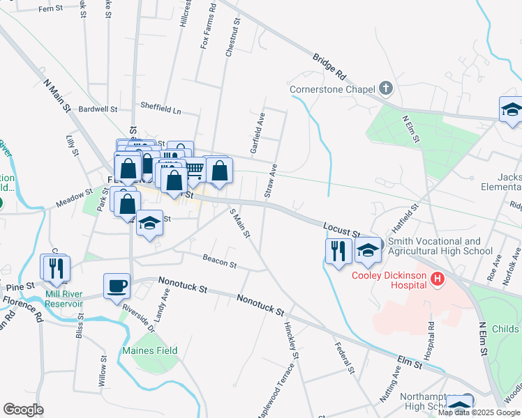map of restaurants, bars, coffee shops, grocery stores, and more near 290 Locust Street in Northampton
