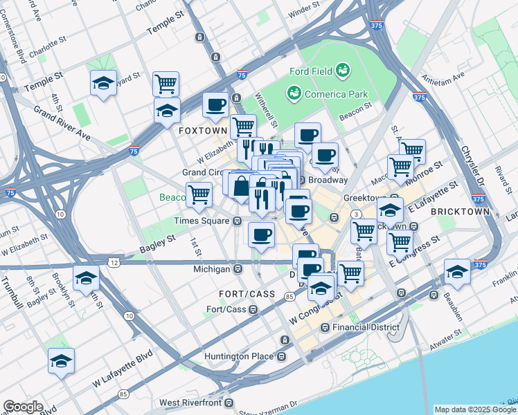 map of restaurants, bars, coffee shops, grocery stores, and more near in Detroit