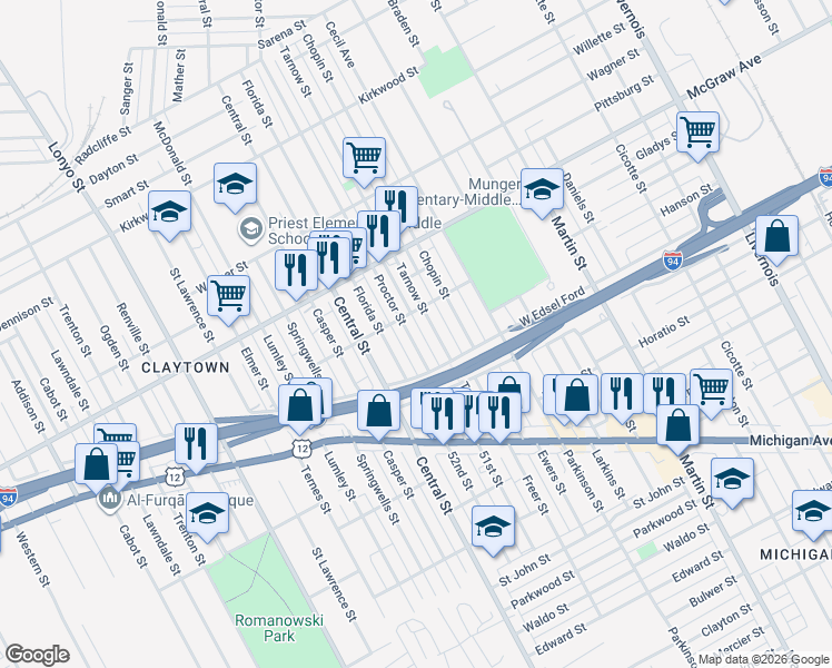 map of restaurants, bars, coffee shops, grocery stores, and more near 5298 Proctor Street in Detroit