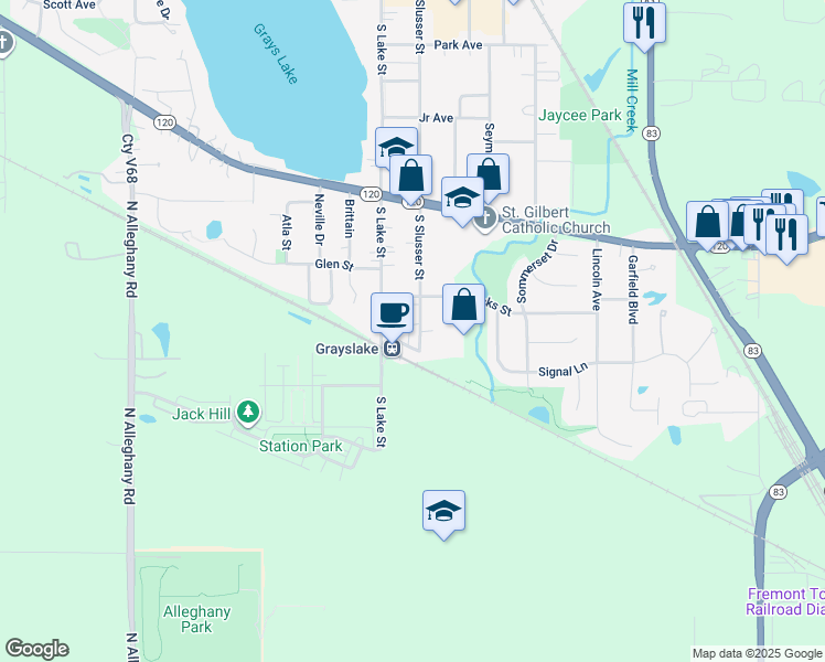 map of restaurants, bars, coffee shops, grocery stores, and more near 414 South Slusser Street in Grayslake