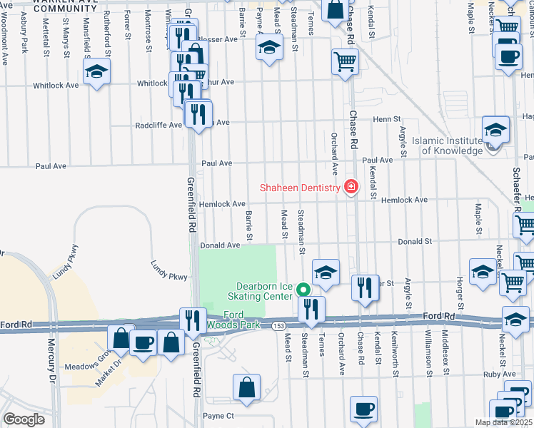 map of restaurants, bars, coffee shops, grocery stores, and more near 6150 Payne Avenue in Dearborn