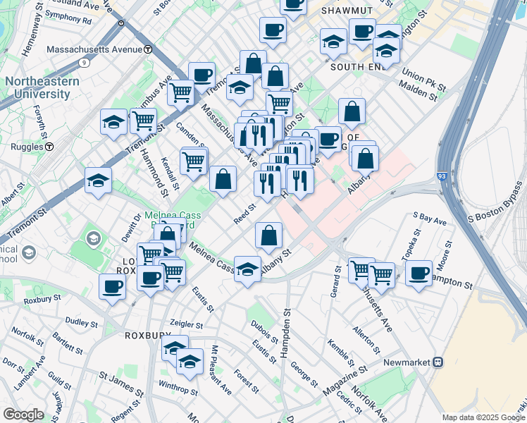 map of restaurants, bars, coffee shops, grocery stores, and more near 881 Harrison Avenue in Boston