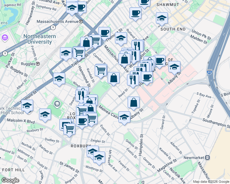 map of restaurants, bars, coffee shops, grocery stores, and more near in Boston