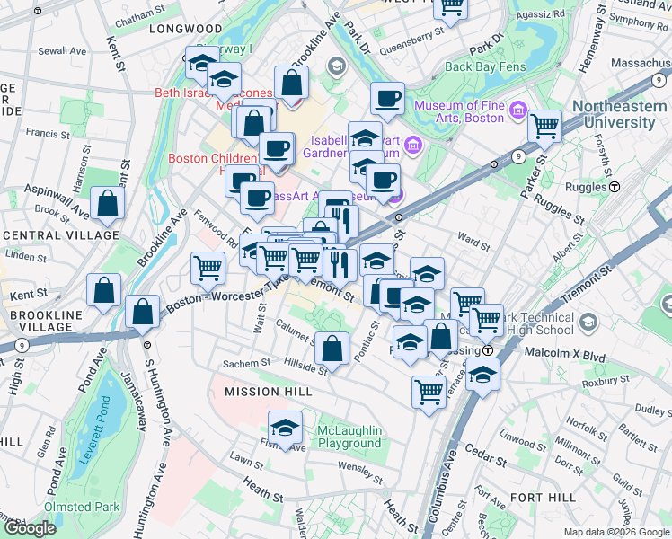 map of restaurants, bars, coffee shops, grocery stores, and more near in Boston