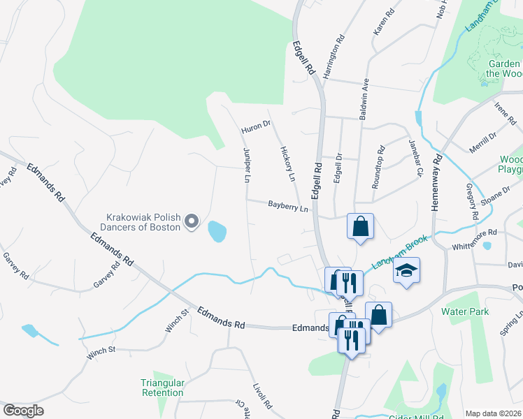 map of restaurants, bars, coffee shops, grocery stores, and more near 18 Bayberry Lane in Framingham