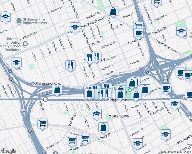 map of restaurants, bars, coffee shops, grocery stores, and more near 2628 Vermont Street in Detroit