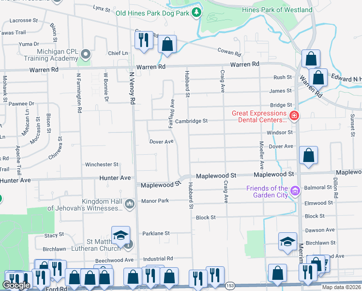 map of restaurants, bars, coffee shops, grocery stores, and more near 6641 Hubbard Street in Garden City