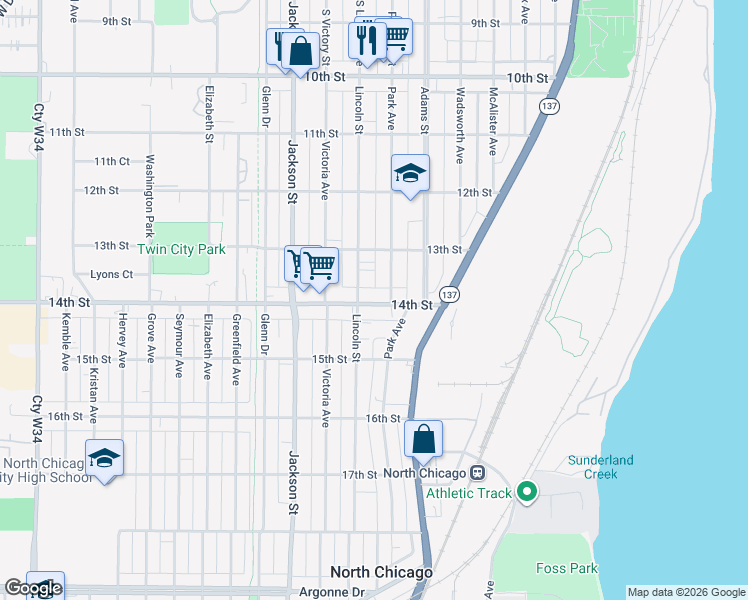 map of restaurants, bars, coffee shops, grocery stores, and more near 810 14th Street in North Chicago