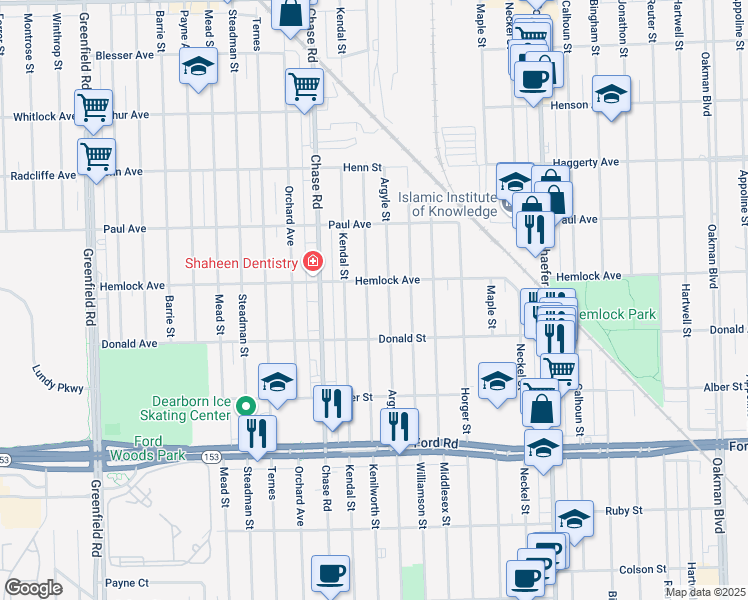 map of restaurants, bars, coffee shops, grocery stores, and more near 6150 Kenilworth Street in Dearborn