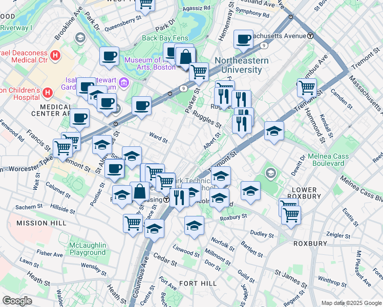 map of restaurants, bars, coffee shops, grocery stores, and more near 68 Annunciation Road in Boston