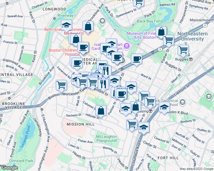 map of restaurants, bars, coffee shops, grocery stores, and more near 31 Worthington Street in Boston