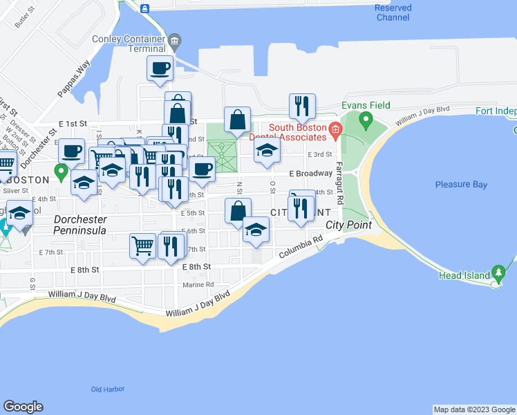 map of restaurants, bars, coffee shops, grocery stores, and more near 107 O Street in Boston