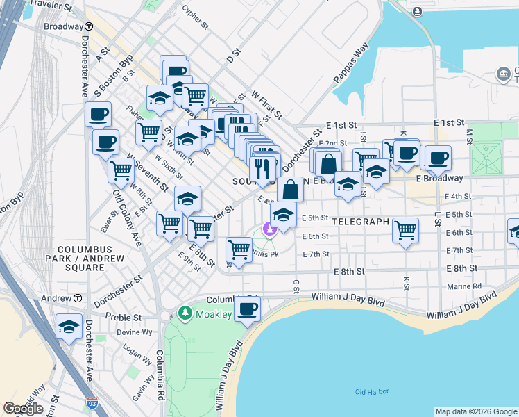 map of restaurants, bars, coffee shops, grocery stores, and more near 475 East 4th Street in Boston