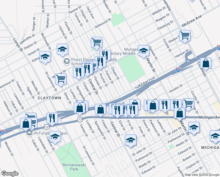 map of restaurants, bars, coffee shops, grocery stores, and more near 5298 Proctor Street in Detroit