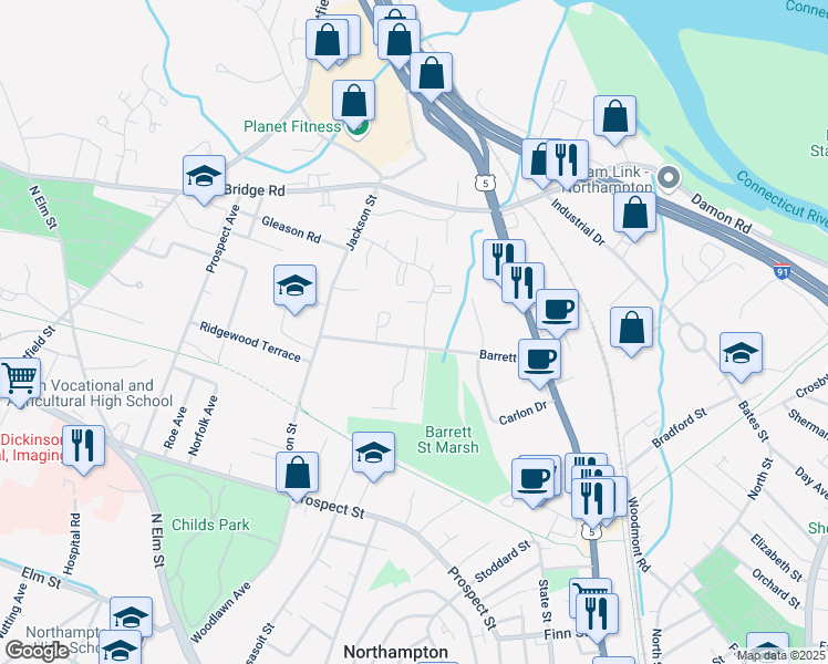 map of restaurants, bars, coffee shops, grocery stores, and more near 77 Barrett Street in Northampton