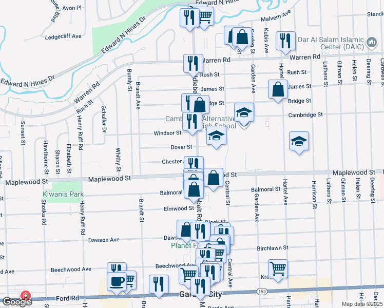map of restaurants, bars, coffee shops, grocery stores, and more near 29457 Dover Street in Garden City