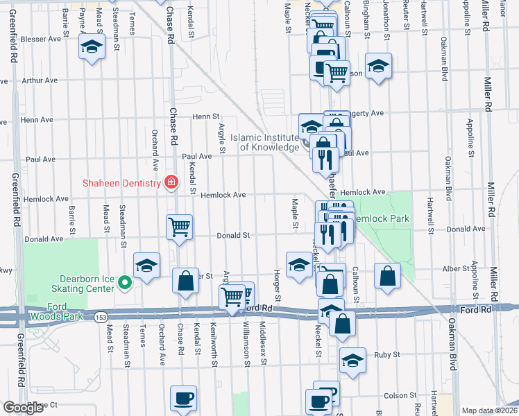 map of restaurants, bars, coffee shops, grocery stores, and more near 6140 Middlesex Street in Dearborn