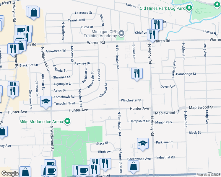 map of restaurants, bars, coffee shops, grocery stores, and more near 6770 Chirrewa Street in Westland