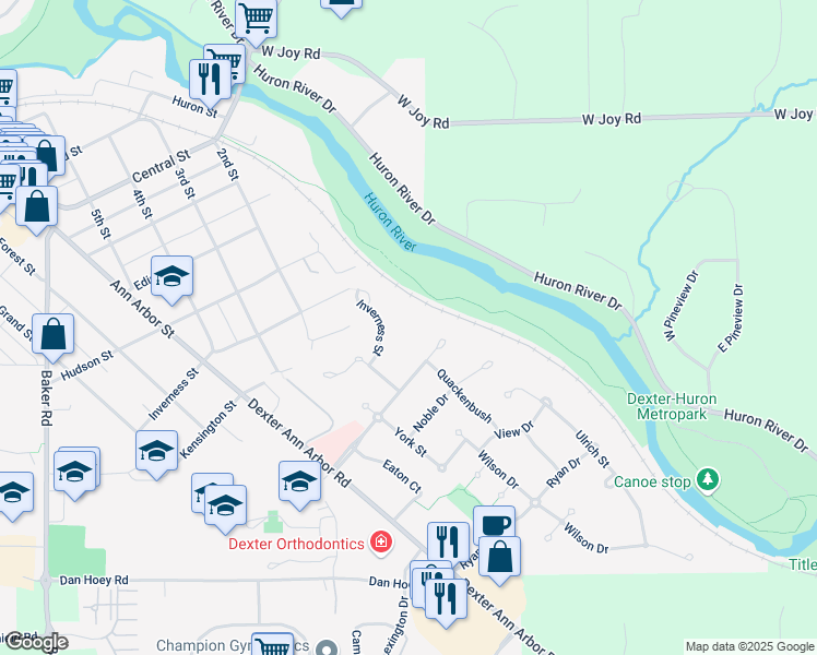 map of restaurants, bars, coffee shops, grocery stores, and more near 4711 Inverness Street in Dexter
