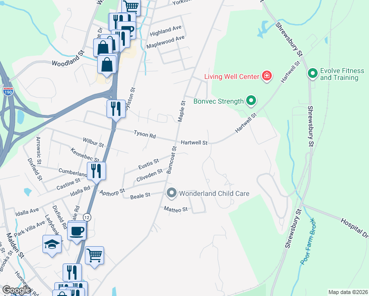 map of restaurants, bars, coffee shops, grocery stores, and more near 5 Northgate Circle in Worcester