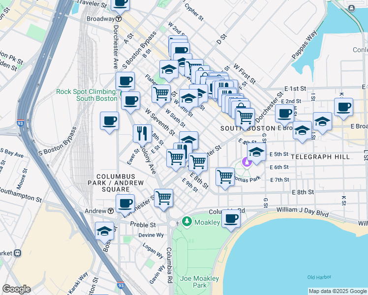 map of restaurants, bars, coffee shops, grocery stores, and more near 52 F Street in Boston