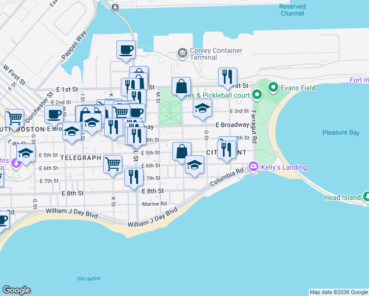map of restaurants, bars, coffee shops, grocery stores, and more near 116 N Street in Boston