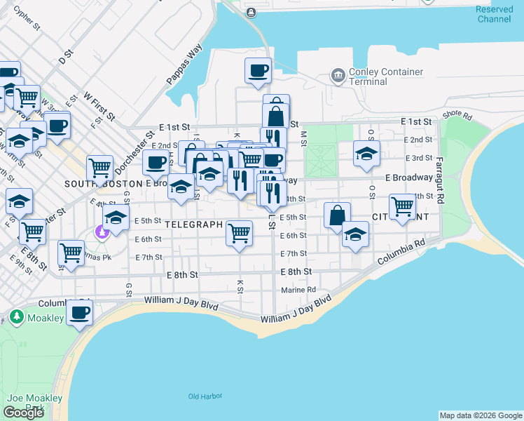 map of restaurants, bars, coffee shops, grocery stores, and more near 85 L Street in Boston